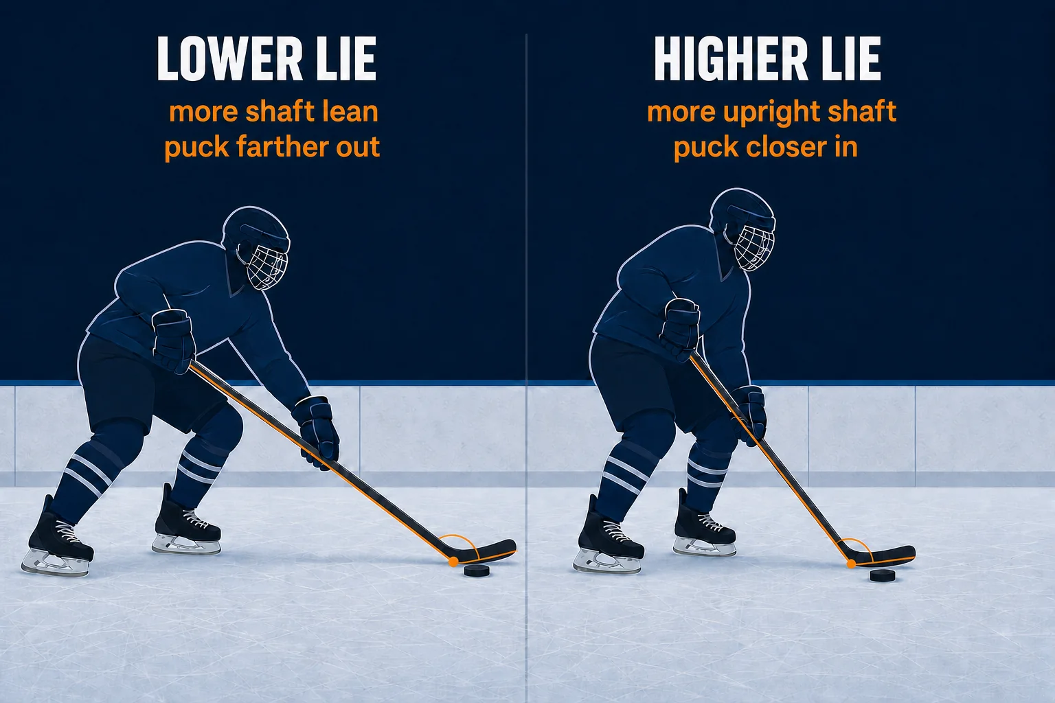 Side-by-side illustration of two hockey players: a lower-lie stick is carried with more shaft lean and the puck farther out, while a higher-lie stick is more upright with the puck closer in.